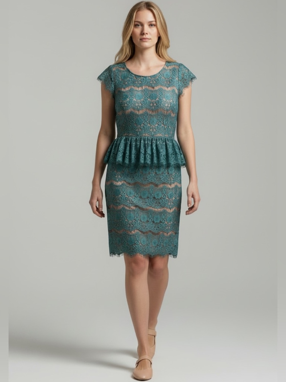 Anthropologie Maeve Elsa Teal Lace Illusion Dress Peplum Size Large
